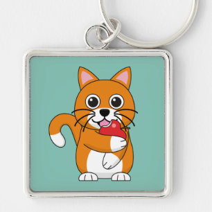 Cute Orange White Cat Eating Red Apple Cartoon Key Ring