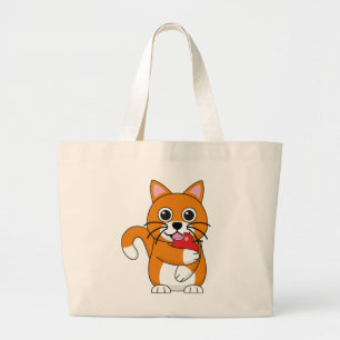 Cute Orange White Cat Eating Red Apple Cartoon Large Tote Bag
