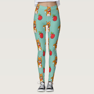 Cute Orange White Cat Eating Red Apple Cartoon Leggings