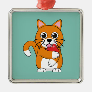 Cute Orange White Cat Eating Red Apple Cartoon Metal Ornament