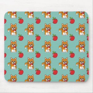 Cute Orange White Cat Eating Red Apple Cartoon Mouse Pad