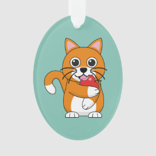 Cute Orange White Cat Eating Red Apple Cartoon Ornament