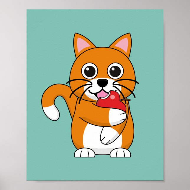 Cute Orange White Cat Eating Red Apple Cartoon Poster (Front)