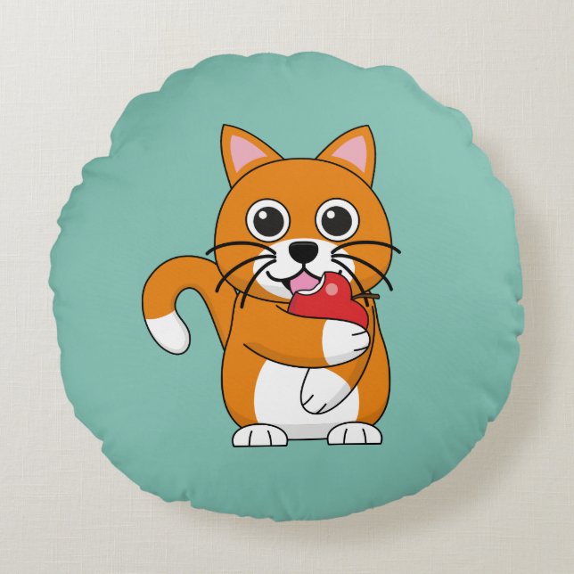 Cute Orange White Cat Eating Red Apple Cartoon Round Cushion (Front)