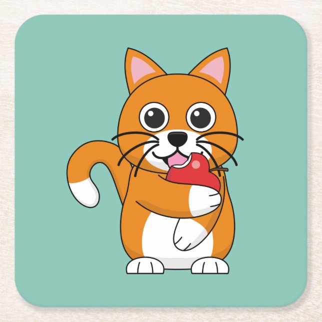 Cute Orange White Cat Eating Red Apple Cartoon Square Paper Coaster (Front)