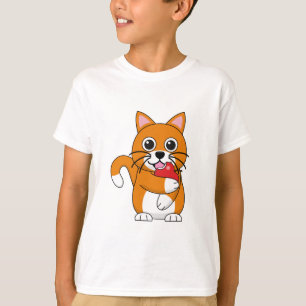 Cute Orange White Cat Eating Red Apple Cartoon T-Shirt