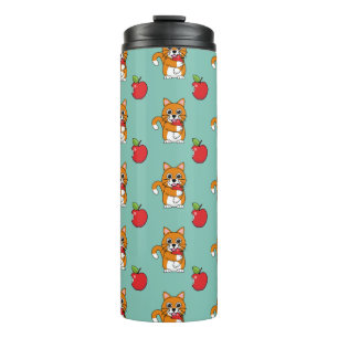 Cute Orange White Cat Eating Red Apple Cartoon Thermal Tumbler