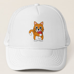 Cute Orange White Cat Eating Red Apple Cartoon Trucker Hat