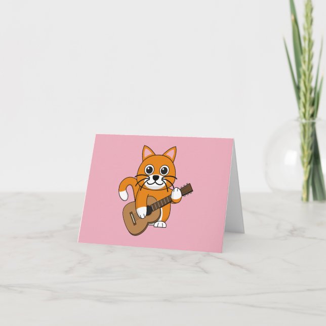 Cute Orange White Cat Playing Guitar Cartoon Card (Front)