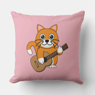 Cute Orange White Cat Playing Guitar Cartoon Cushion