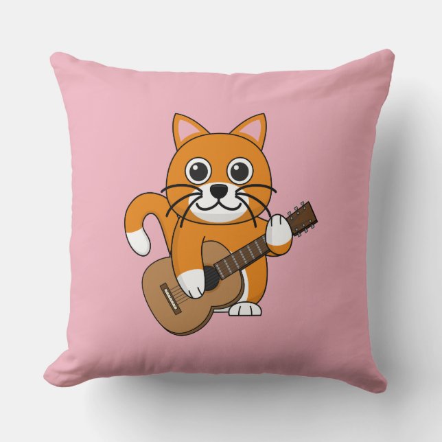 Cute Orange White Cat Playing Guitar Cartoon Cushion (Front)