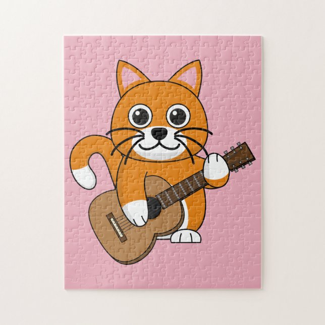 Cute Orange White Cat Playing Guitar Cartoon Jigsaw Puzzle (Vertical)