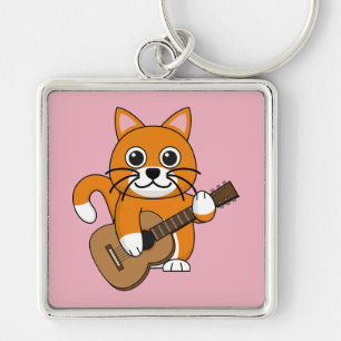 Cute Orange White Cat Playing Guitar Cartoon Key Ring