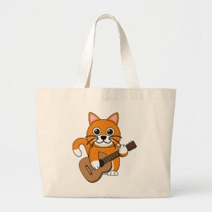Cute Orange White Cat Playing Guitar Cartoon Large Tote Bag