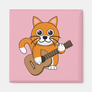 Cute Orange White Cat Playing Guitar Cartoon Magnet