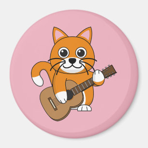 Cute Orange White Cat Playing Guitar Cartoon Magnet