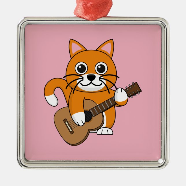 Cute Orange White Cat Playing Guitar Cartoon Metal Ornament (Front)