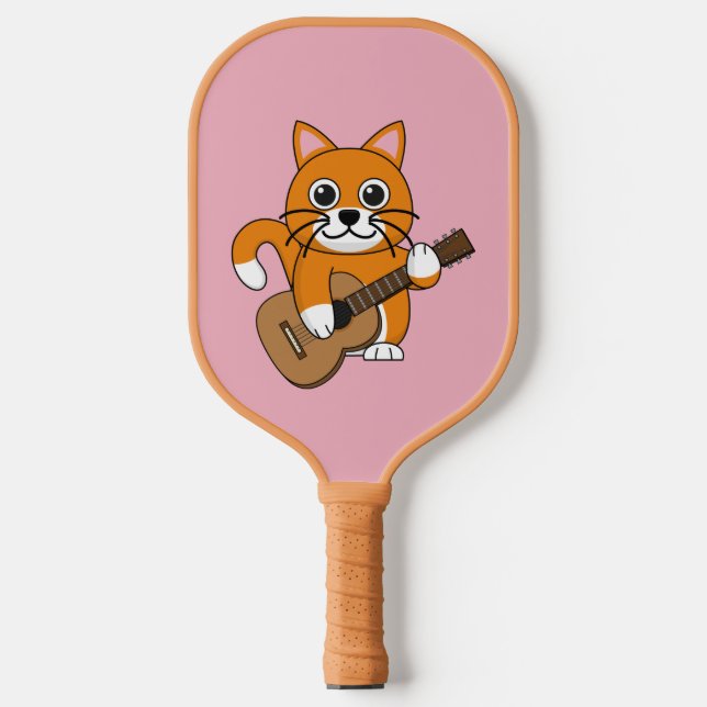 Cute Orange White Cat Playing Guitar Cartoon Pickleball Paddle (Front)
