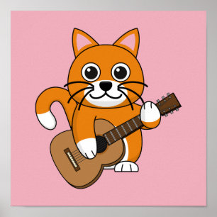 Cute Orange White Cat Playing Guitar Cartoon Poster