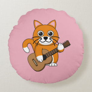 Cute Orange White Cat Playing Guitar Cartoon Round Cushion