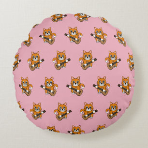 Cute Orange White Cat Playing Guitar Cartoon Round Cushion