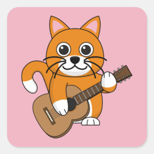 Cute Orange White Cat Playing Guitar Cartoon Square Sticker