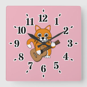 Cute Orange White Cat Playing Guitar Cartoon Square Wall Clock