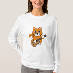 Cute Orange White Cat Playing Guitar Cartoon T-Shirt