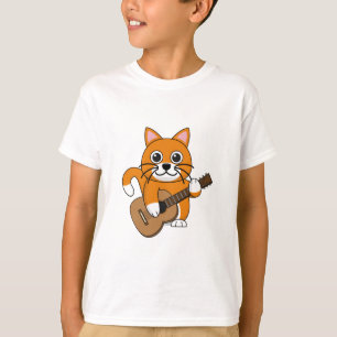 Cute Orange White Cat Playing Guitar Cartoon T-Shirt
