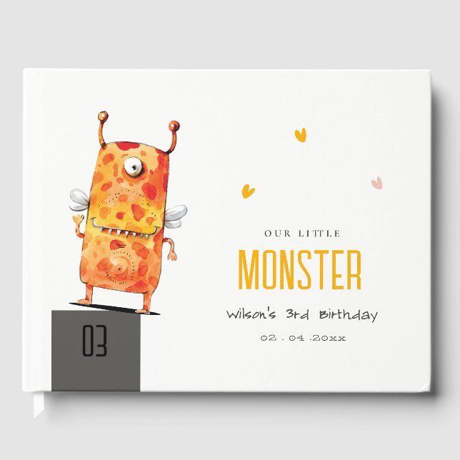 Cute Orange Yellow One Eyed Monster Kids Birthday Guest Book (Front)