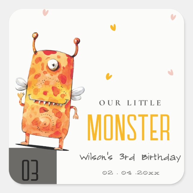 Cute Orange Yellow One Eyed Monster Kids Birthday Square Sticker (Front)
