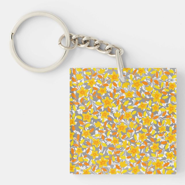 Cute orange yellow white flowers patterns key ring (Front)