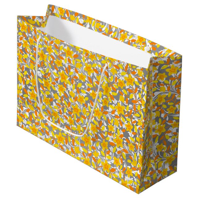 Cute orange yellow white flowers patterns large gift bag (Front Angled)