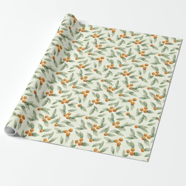 Cute Oranges and Green Leaves Pattern Wrapping Paper (Unrolled)