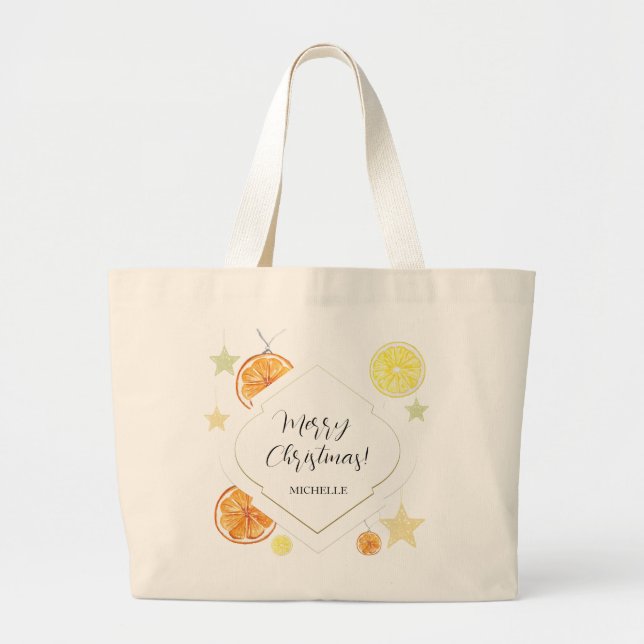 Cute Oranges and Stars On Beige Large Tote Bag (Front)