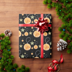 Cute Oranges and Stars On Black Holiday Wrapping Paper