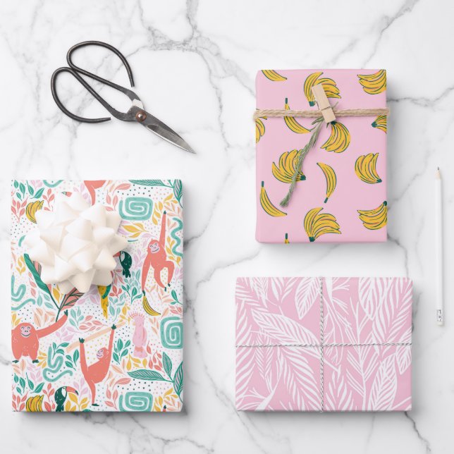 Cute Orangutan, banana and pink tropical leaves Wrapping Paper Sheet (Front)
