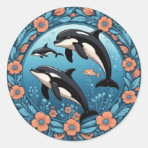 Cute Orca Pod Swims with Flowers Sticker