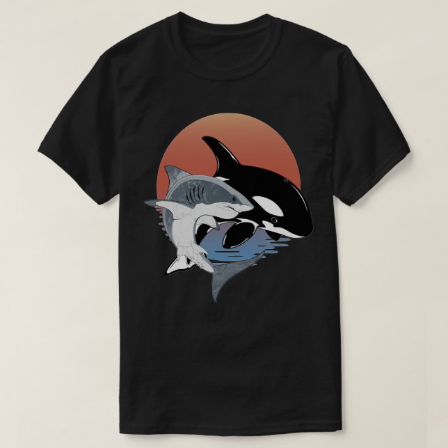Cute Orca Whale and Shark on sunset  T-Shirt (Design Front)