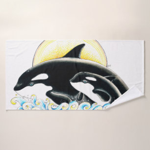 Cute Orca Whale Family Blue Waves And Sun Bath Towel Set
