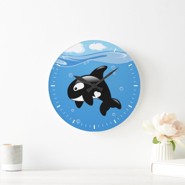 Cute Orca Whale in Ocean Large Clock (Home)