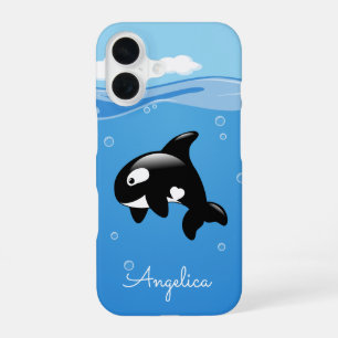Cute Orca Whale in Ocean with Custom Name iPhone 16 Case