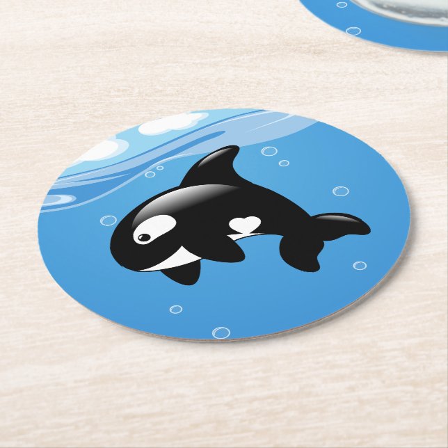 Cute Orca Whale on Blue Round Paper Coaster (Angled)