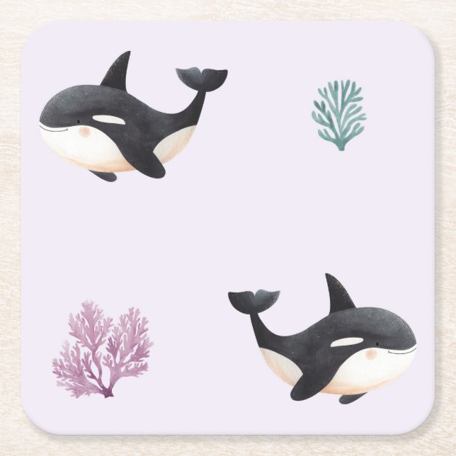 Cute Orca Whale Pattern Ocean Sea Life Nursery  Square Paper Coaster (Front)