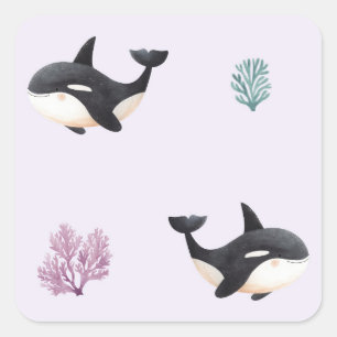 Cute Orca Whale Pattern Ocean Sea Life Nursery Square Sticker