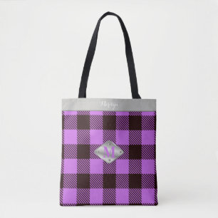 Cute Orchid Tartan Metallic Monogram Name Teacher Tote Bag