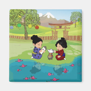 Cute Oriental inspired tea by the lake Magnet