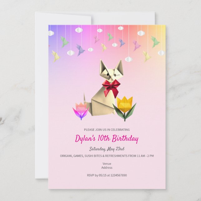 Cute Origami Cat & Cranes Any Age Birthday Party Invitation (Front)