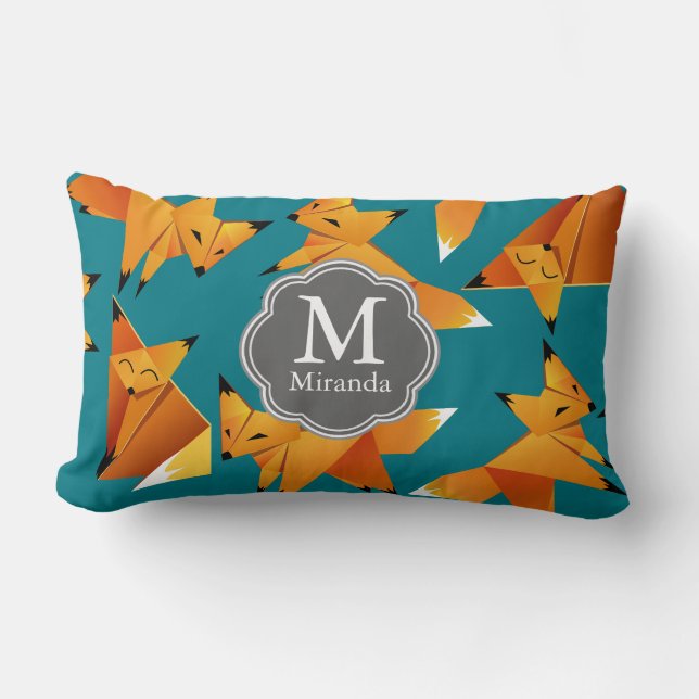 Cute Origami Foxes Monogram Lumbar Cushion (Front)