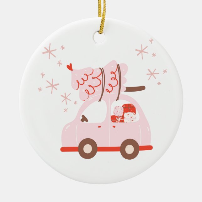 Cute ornament with a car, Christmas tree and gifts (Front)